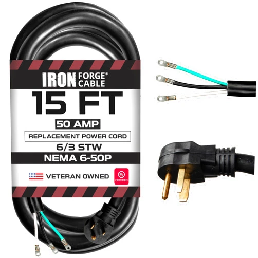 Iron Forge Cable NEMA 6-50 Replacement Extension Cord 15 Ft with Open End, 50 Amp Welder & EV Extension Cord 6/3 Gauge Compatible with Level 2 EV Charger, 125V/250V - UL Certified