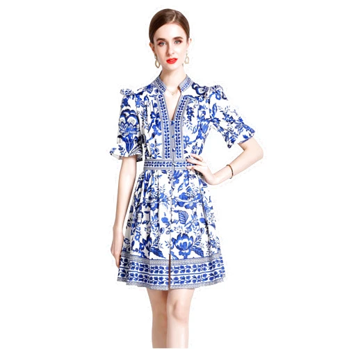 LAI MENG FIVE CATS Women's Button Up Short Puff Sleeve V-Neck Floral Print Split Casual Mini Dress