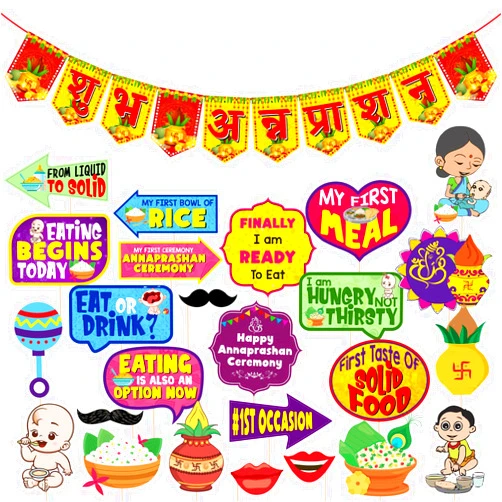 ZYOZIQUE 25 Pcs Annaprasanam Photo Booth Props with Annaprasanam Bunting Banner Hindi Font Shubh Annaprashan/Annaprashan Decoration Items (Pack of 26)