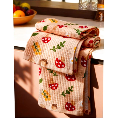 Miss Adola Cotton Waffle Kitchen Towels – Cute 370 GSM 16x25 Inch Terry Cloth Waffle Decorative Dishcloth for Kitchen Set of 2 with Hanging Loop Absorbent Hand Tea Towel for Home Design, Mushroom