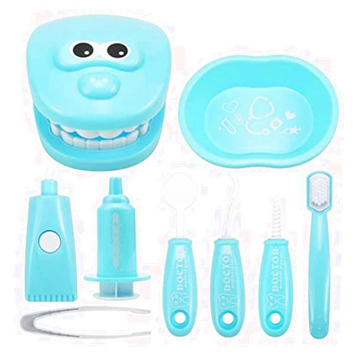 OPTSPTOY 9PCS Plastic Simulation Dentist Play Set Medical Kit Pretend Toy for Kids Hygienic Habbit Cultivation Role Play Game for Children 6 Colors (Purple/Pink/Yellow/Green) Simple OPP Bag Packaging (Blue)