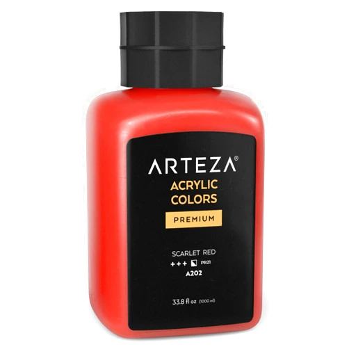 ARTEZA Acrylic Paint, A202 Scarlet Red, 33.8 fl oz, 1000ml Jar, Opaque, Quick-Drying, Acrylic Paints for Painting on Canvas, Paper, Wood