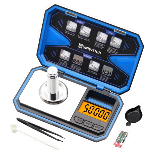 UNIWEIGH Milligram Scale,50g/0.001g Compact Pocket Precision Scale with 50g Cal Weight,Mg Scale for Power Medicine,Reloading,Jewelry,Coin and Gem,Included Scoop,Power Pan,Tweezers and Battery