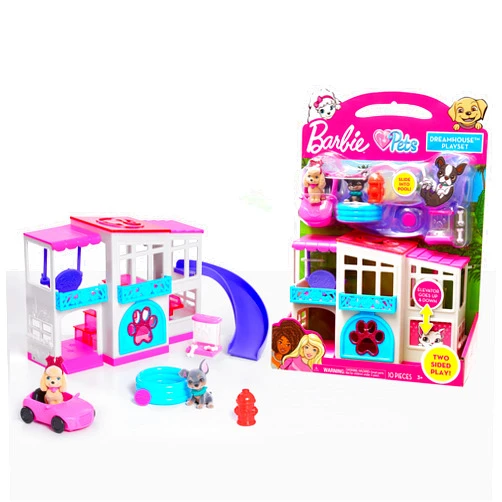 Barbie Pet Dreamhouse 2-Sided Playset, 10-pieces Include Pets and Accessories, 1-inch Pets, Kids Toys for Ages 3 Up by Just Play