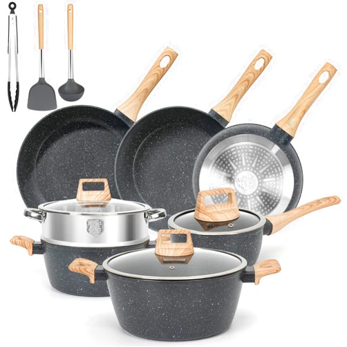 SODAY Pots and Pans Set, 13 Pcs Kitchen Cookware Sets Black Granite Induction Cookware Nonstick Cooking Set with Frying Pans, Saucepans, Steamer Silicone Shovel Spoon & Tongs (PFOS, PFOA Free)