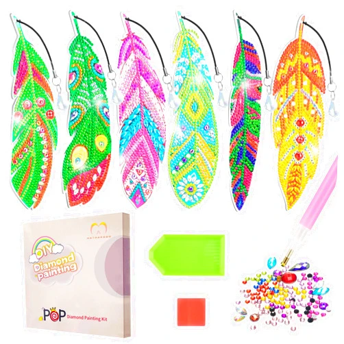MATHARAGO 6 Pcs Diamond Painting Bookmarks Kit, 5D Feather Bookmark with Crystal Pendant, DIY Art Crafts for Adults, Acrylic Bookmarks Diamond Painting for Read and Crafts Lovers (YQ089)