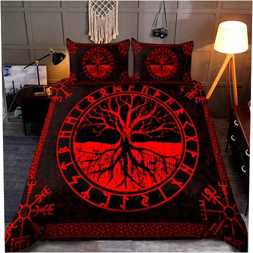 WDBAYXH Nordic Tree of Life 3 Piece Bedding Set, Viking 3D Print Duvet Cover with Pillowcases, Scandinavian Folklore Motifs Bedroom Home Textiles,Red,Queen