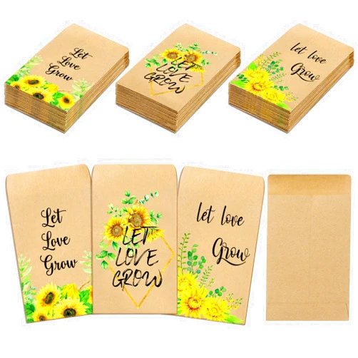 Outus 150 Pieces Greenery Seed Packets Let Love Grow Seed Packets Self Adhesive Wedding Envelopes Retro Christmas Valentine Wedding Favors for Guests, 3 Styles (Sunflower)