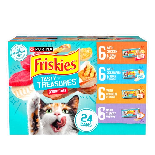 Friskies Purina Friskies Wet Cat Food Variety Pack, Tasty Treasures Prime Filets (With Chicken and Tuna, With Chicken, and With Ocean Fish and Tuna, and With Turkey) - (Pack of 24) 5.5 oz. Cans