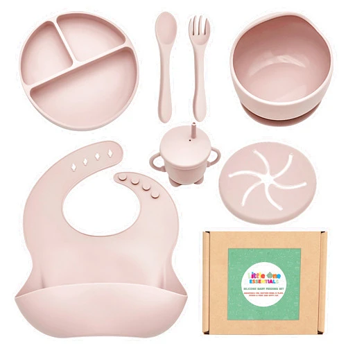 LITTLE ONE ESSENTIALS Silicone Baby Feeding Essentials Set 7 Pack, Feeding Supplies for Toddlers with Suction Plate, Bowl, Bib, Spoon & Fork, Water & Snack Cup, BPA Free - Dust Pink