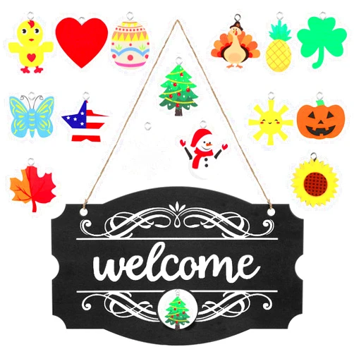 Jetec Welcome Door Sign Christmas Decor Fall Sign Seasonal Front Door Rustic Wood Welcome Sign Wall Hanging Porch Easter Interchangeable 14 x 9 Inch