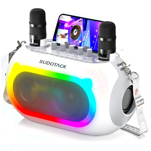 SUDOTACK Karaoke Machine with 2 Wireless Microphones, Portable Bluetooth Speaker with Bass/Treble Adjustment, PA System with LED Lights,Supports TF Card/USB, AUX in, REC for Party-White (KM300)