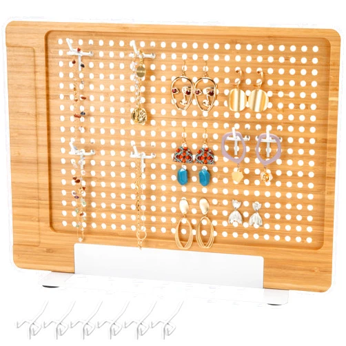 Gomos Wood Pegboard Display Stand For Vendors - Versatile Wooden Peg Board Organizer Natural Bamboo Finish with Metal Base & 6 Hooks