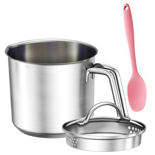 KAYCROWN Stainless Steel Saucepan with Glass Lid, Multipurpose 1.5 Quart Sauce pan Sauce Pot with Straining Cover & Pour Spouts for Boiling Milk, Sauce, Gravies, Pasta, Noodles