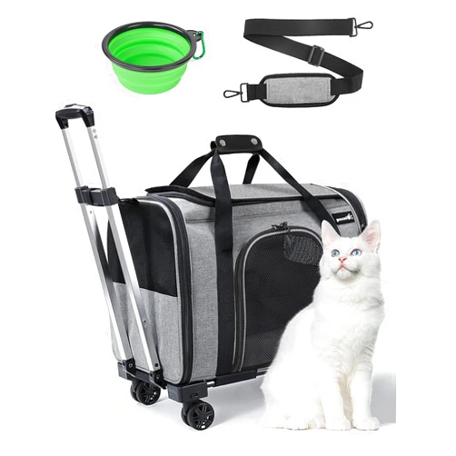 Pecute Cat Carrier with Wheels, Pet Travel Carrier Large Space, Pet Rolling Carrier with Aluminum Alloy Tie Rod Silent Wheel, Pet Carrier for Cats Extra Spacious Soft Carrier