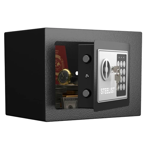 STEELIST Small Safe, 0.23 Cubic Feet Safe Box with Electronic Keypad, Steel Safe with Key, Digital Security Safe with Combination Lock, Safe for Money, Jewelry, Hotel or Business, Black