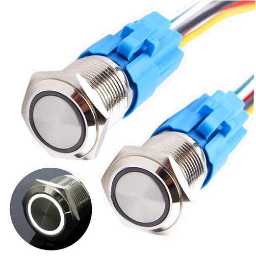 DMWD 2PCS 16MM Latching Push Button Switch Waterproof 12V-24V Ring Led 1NO 1NC Self-Locking On/Off Metal Round 5/8’’ Mounting Hole with Wire Socket Plug(IP66,White Led)