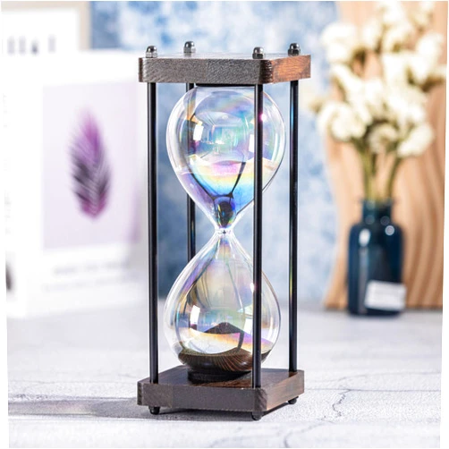 ELAINESTORE Rainbow Hourglass Timer 60 Minute, Wooden Frame Decorative Sand Timer (Black Sand, Large Size)