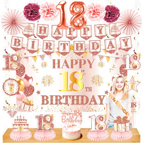 Eucutur 42PCS 18th Birthday Decoration Kit for Girls, Pink Rose Gold Happy 18th Bday Banner Balloons Honeycomb Centerpiece Swirl Paper Pompoms Party Supplies, 18 Bday Sash Table Cake Topper Swirls Set