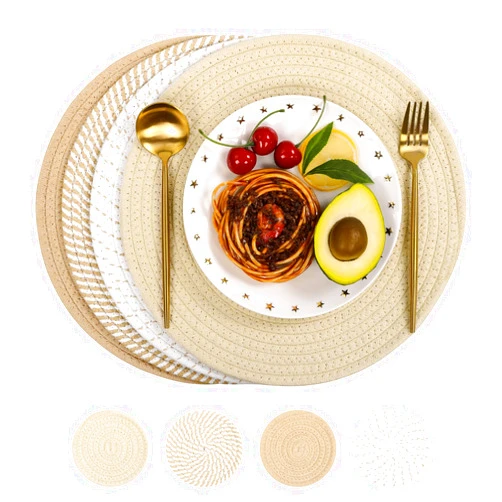 SHACOS Cotton Rope Woven Round Placemats and Coasters, Washable Dual-Side Kitchen Table Mats and Coasters for Dining Table Decorations Trivets Hot Dishes, Diameter 13 and 5.2inch (Set of 4, Khaki)