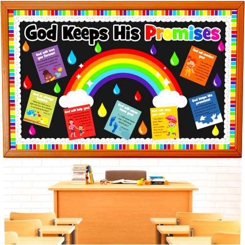 Huzobooby Christian Sunday School Bulletin Board Decoration Set, Religious VBS Lord Classroom Decorations Rainbow Cutouts Bible School Library Church Window Wall Door Decor for Teacher(God Keeps His Promises)
