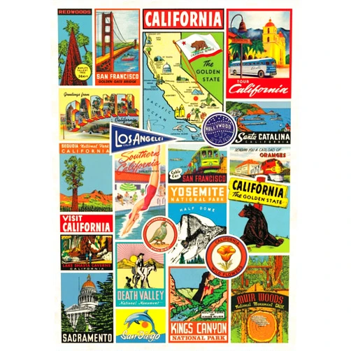 Cavallini & Co. Decorative Wrap Poster, California Collage, 20 x 28 Inch Italian Archival Paper (WRAP/Calif)