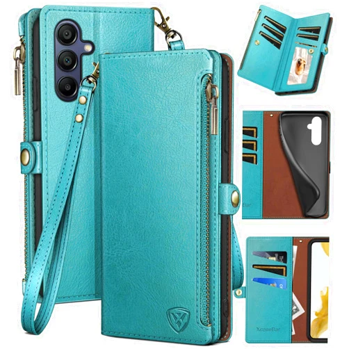 XcaseBar for Samsung Galaxy A25 5G Wallet case with Zipper Credit Card Holder【RFID Blocking】, Flip Folio Book PU Leather Phone case Shockproof Cover Women Men for Samsung A25 case Blue Green