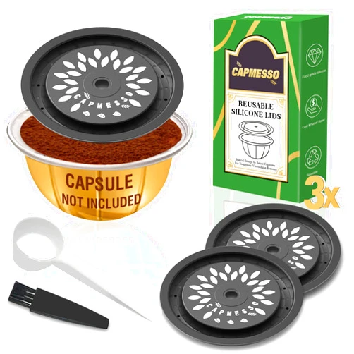 CAPMESSO Reusable Coffee Capsule Lids for Reusable Nespresso Pods Vertuo, Food Grade Silicone Caps for Any Sizes of Refillable Vertuo Pods with Scoop and Brush(3PCS Silicone Caps)
