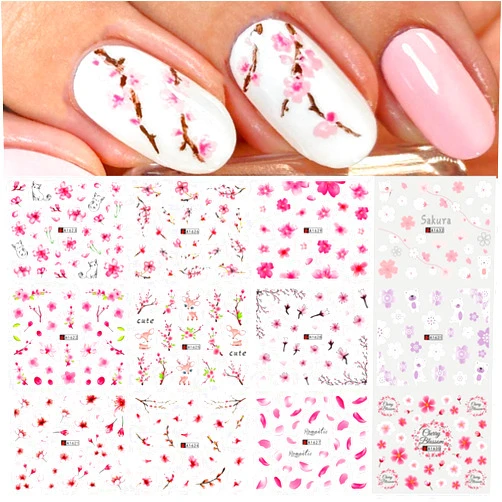 LLAOIMB 12 Sheets Flower Nail Art Sticker Decals Spring Pink Cherry Blossoms Nail Decals Sakura Water Transfer Nail Stickers Blossom Flower Animals Nail Supplies Accessories for Women Girls Nail Decorations