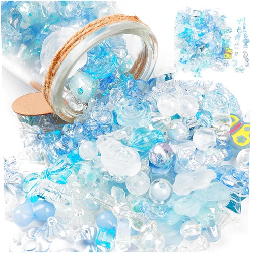 Berovskki 120 Pcs Aesthetic Acrylic Assorted Light Blue Beads Pastel Beads Flower Heart Star Butterfly Round Beads Candy Color Acrylic Plastic Cute Beads Bulk for Bracelets Jewelry Making DIY Crafts