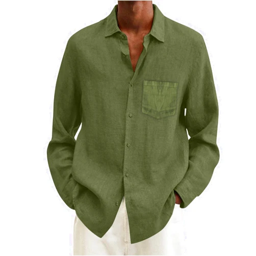 Generic Mens Cotton Linen Long Sleeve Cuban Shirts Lightweight Button Down Vacation Beach T-Shirts Stylish Chambray Shirt