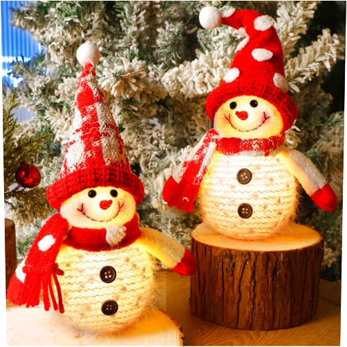 Juegoal 2 Pack Christmas Table Decorations, 10 Inch Lighted Plush Snowmen Figurines, Light Up Snowman Holiday Present, Battery Operated Xmas Gifts Tabletop Ornaments Dinner Party Supplies, Red Brim