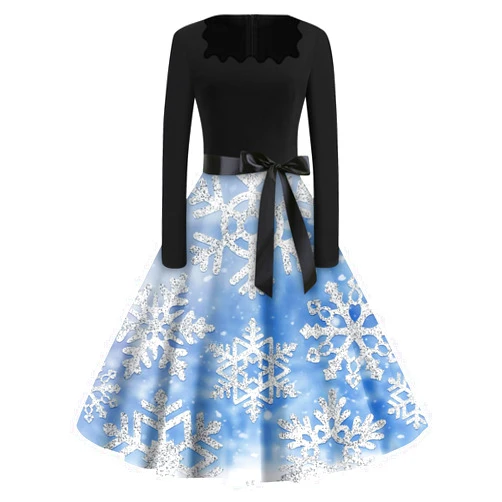 AMXYFBK Christmas Dresses for Women Plus Size Long Sleeve Snowflake Dress with Belt Xmas Vintage Square Neck Party Dresses