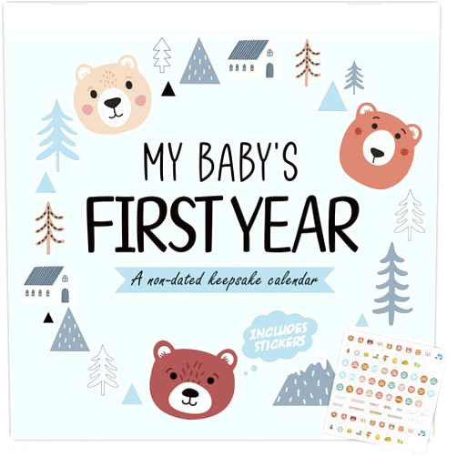 CHUNNIN Little Camper Baby's First Year Calendar with Stickers Woodland Bear 1st Year Tracker First Year Book Baby First Year Milestones Newborn Baby Memory Calendar Keepsake for Baby Girl or Boy