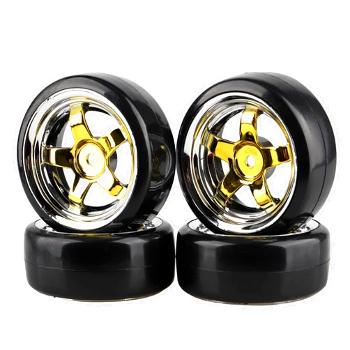 Shaluoman Plating 5-Spoke 12mm Hub Wheel Rims with Hard Plastic Tires for RC 1:10 Drift Car Gold