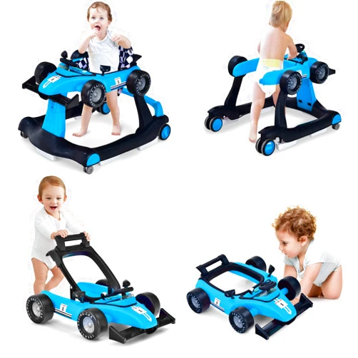 HONEY JOY 4-in-1 Baby Walker, Activity Push Walker w/3 Adjustable Heights, Smooth Wheels w/Adjustable Speed, Padded Seat, Music & Light, Foldable Car Walker for Baby Boys Girls Age 6 Months+ (Blue)
