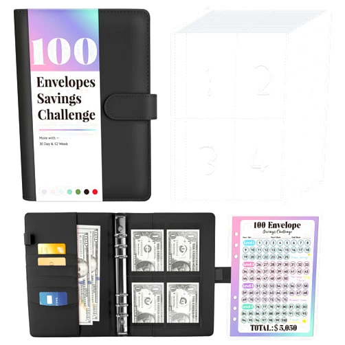 Sooez 100 Envelope Money Saving Challenge Book with 100 Pocket Pre-numbered & Reusable Laminated Tracker