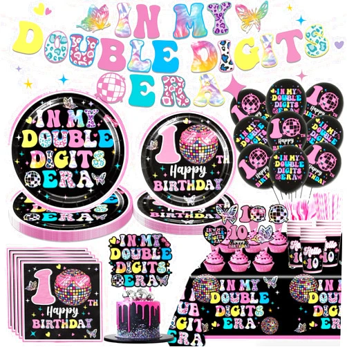 Cocomigo 186pcs 10th Birthday Decorations for Girl, Thickened Double Digit Plates Exquisite Paper Box Packaging Suitable for 10-Year-Old Girls’Birthday Party and as a Gift, Serves 25