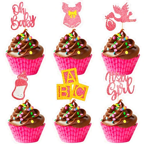 VCGUDOE 28 PCS Oh Baby Cupcake Toppers Baby Girl Cupcake Toppers with Dress Rose Gold Glitter Cupcake Cake Decorations for Baby Shower Birthday Party Supplies