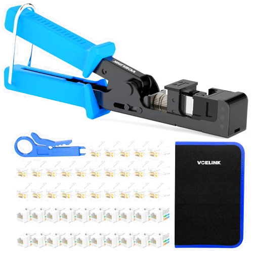 VCELINK Speed Termination Keystone Tool for VCE 90-Degree Keystone Jacks Bundle with 20-Pack CAT6 Keystone Jacks UL-Listed White, 25-Pack RJ45 Connectors and1-Pack Blue Mini Wire Stripper