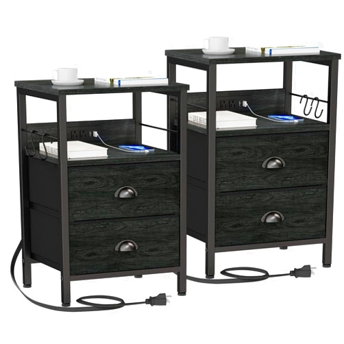 Furologee Nightstand Set of 2, Black Oak, with Charging Station and USB Ports, Side Tables with 2 Fabric Drawers, Bedside Tables with Storage Shelf & Hooks, for Living Room/Bedroom