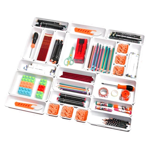 Toolly Set of 24 Interlocking Desk Drawer Organizer Tray Dividers, Plastic Shallow Narrow Drawers Organizers Separators Storage Bins Container for Kitchen Office Bathroom Makeup