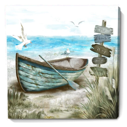 Amatop Bathroom Wall Art Coastal Décor Nautical Boat on Beach Canvas Picture Ocean Seagull Seascape Canvas Print Sea Bird Farmhouse Artwork for Seashore Bedroom Living Room Small Square Blue Teal 14x14
