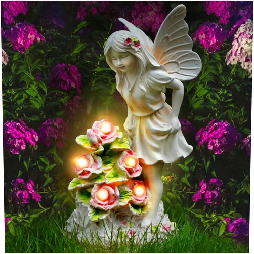 Kssiaz Angel Garden Statue, Guardian Solar Garden Decor with Warm Light, Waterproof Butterfly Angel Figurine with Flowers, Outdoor Garden Decor Sculpture for Lawn Yard Patio Windowsill, White