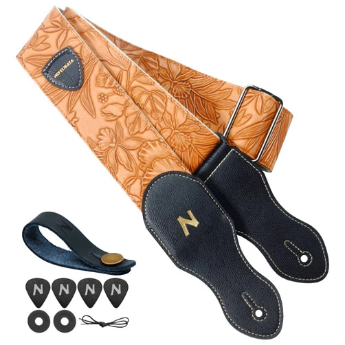 Nefelibata Guitar Strap with Pick Pocket,2.3 inch Porter Style Vegan Leather Carving Guitar Straps,60s Vintage Style（Brown Yellow）