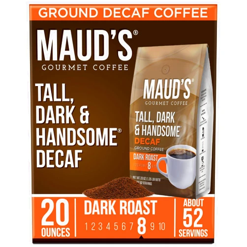 Maud's Decaf Dark Roast Ground Coffee, 20 Ounces | Decaffeinated Tall, Dark & Handsome Blend | 100% Arabica Dark Roast Coffee | Solar Energy Produced | 52 Servings