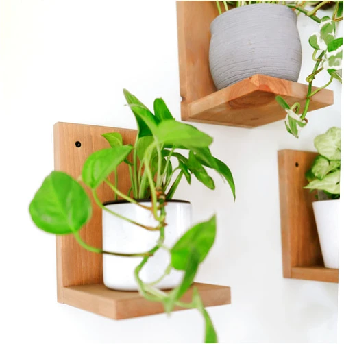 Daniel's Plants 3-Pack Mid-Century Modern L-Shaped Floating Shelves | Solid Wood Plant Ledge | Wall Mounted Shelf Kit (Prairie Sand)