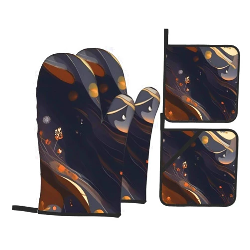 Zhanglutian Dark Mediumoven Mitts and Pan Racks 4 Piece Set, Kitchen Oven Mitts, Oven Mitt Set for Cooking.