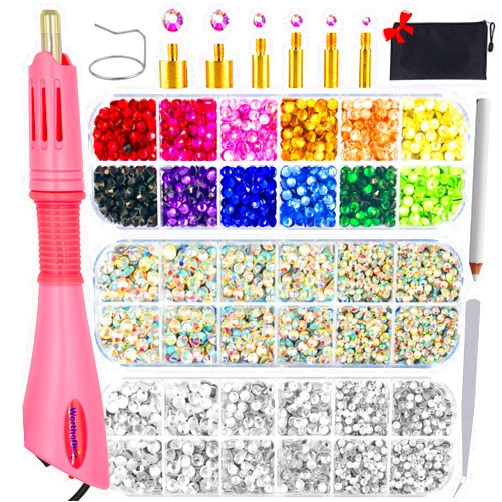 Worthofbest Hotfix Rhinestone Setter, Hot Fix Applicator Tool Bedazzler Kit with rhinestones, Kit, Hot Fixed Wand for Clothes Clothing Fabric Crafts, 5000 Pcs, AB Crystal, Clear, 3 Gems Sizes, Tips