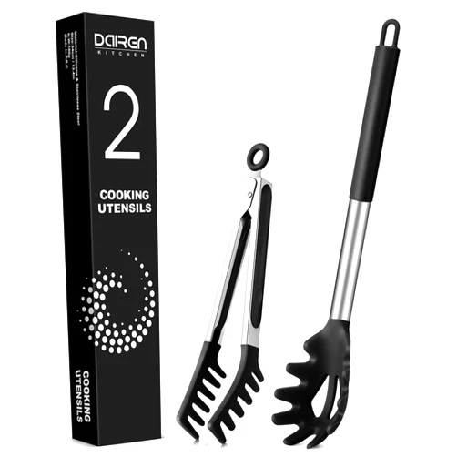 DaiRen Kitchen Spaghetti Spoon and Pasta Tong, Non-stick Silicone Spoon Server Fork with teeth and Stainless Steel Handle Spaghetti Tong, Food Clip for Spaghetti Noodle, Black